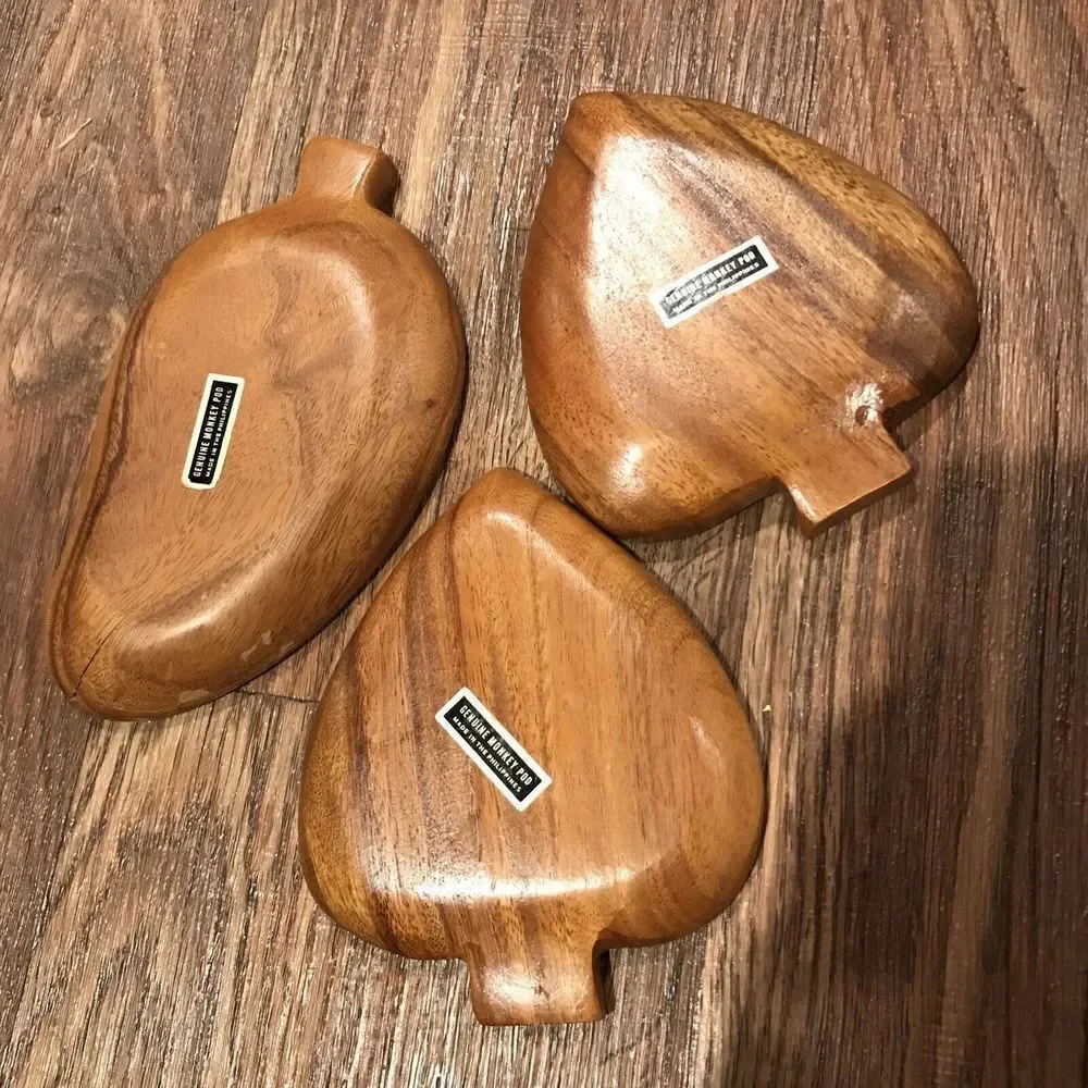 Vintage Genuine Monkey Pod‎ Wooden Spade Leaf Shaped Serving Dish Bowl Set Of 3